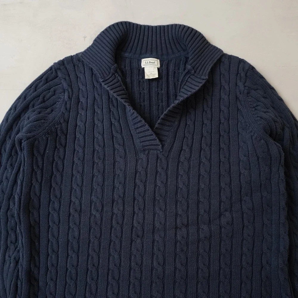 LL Bean Mens XL Navy Blue Cable Knit Cotton V-Neck Shawl Collar Sweater